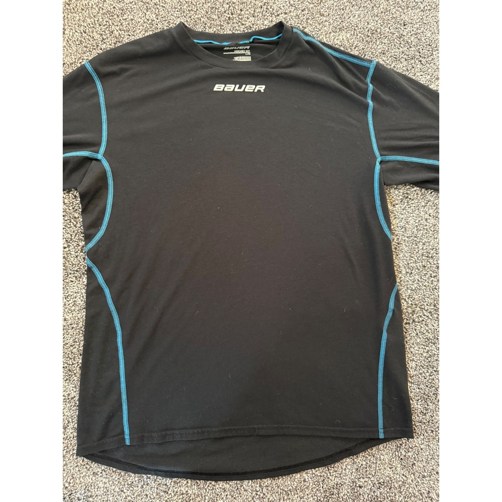 Bauer Hockey Fit Shirt Mens Large Black Teal Contrast Stitch Performance Tee